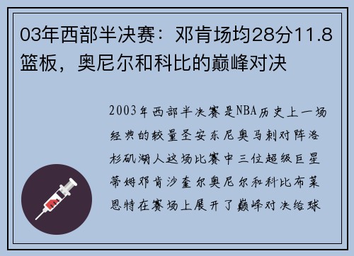 03年西部半决赛：邓肯场均28分11.8篮板，奥尼尔和科比的巅峰对决