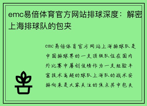 emc易倍体育官方网站排球深度：解密上海排球队的包夹